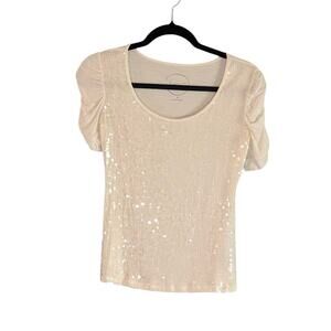 INC International Concepts White Sequins Scoop Neck Ruched Short Sleeve Top S